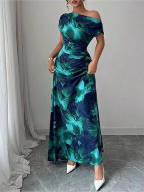 Off-Shoulder Green Floral Evening Maxi Dress